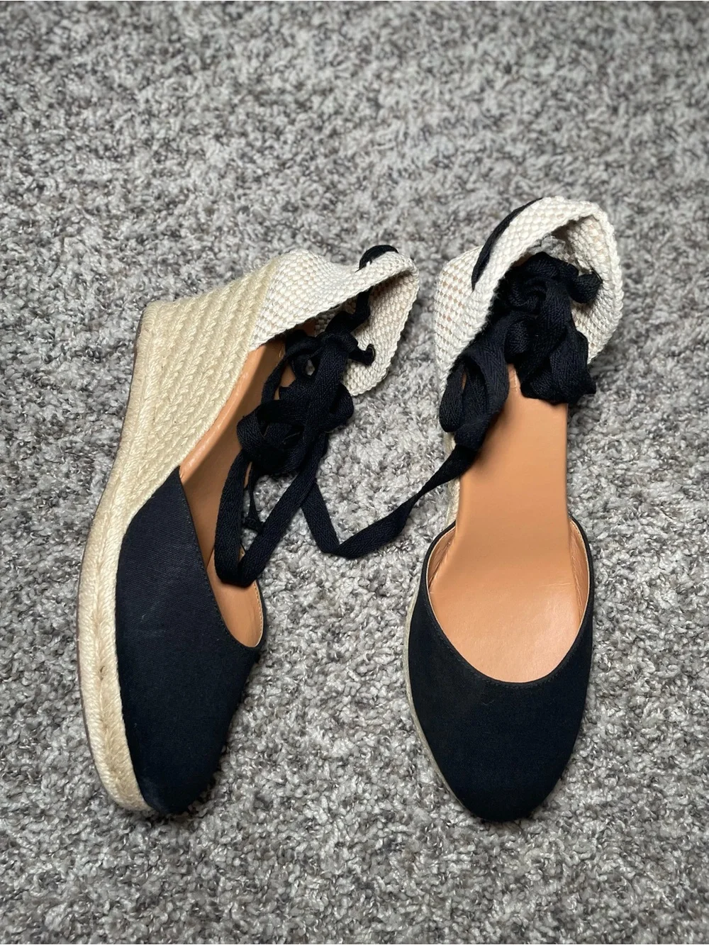 J.Crew Espadrille Wedge Sandals Black Canvas Ankle Tie Lace Up Heels Sz 10.5